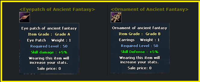 Eyepatch of Ancient Fantasy and Ornament of Ancient Fantasy tooltips showing grade, level, and bonuses