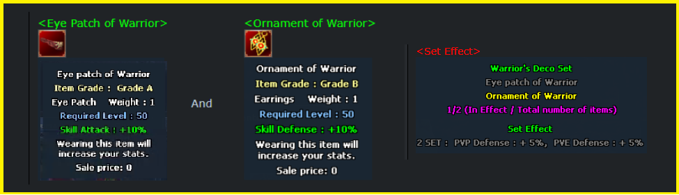 Eye Patch of Warrior and Ornament of Warrior tooltips with the Warrior's Deco Set 2-piece set effect