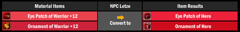 NPC Letze conversion table: Eye Patch/Ornament of Warrior +12 into Eye Patch/Ornament of Hero