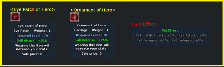 Eye Patch of Hero and Ornament of Hero tooltips with set effect