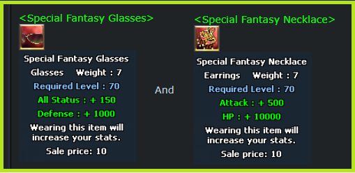Special Fantasy Glasses and Special Fantasy Necklace tooltips showing stats