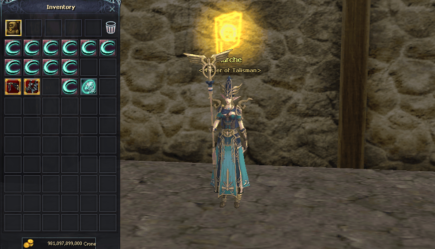 NPC Marche at Fishing Hole with the Seal Enhancement inventory open