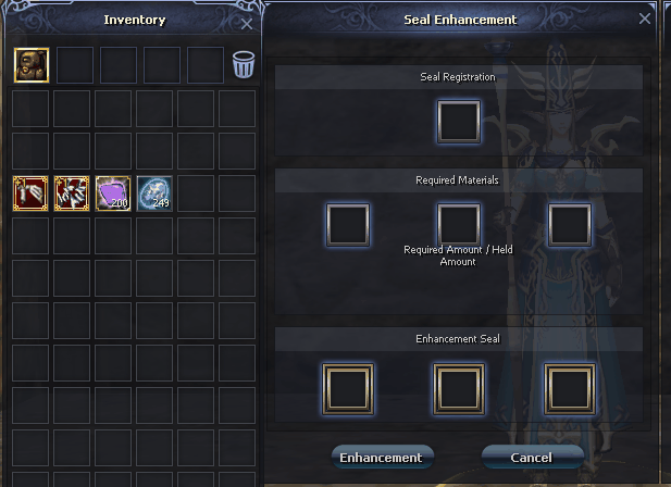 Seal Enhancement dialog: Seal Registration, Required Materials, Enhancement Seal slots