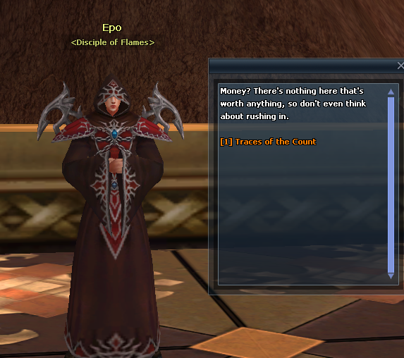 NPC Epo at Blazing Temple with the "Traces of the Count" quest available