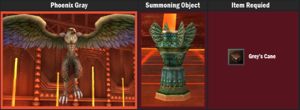 Gray Phoenix boss, its summoning object, and the required Grey's Cane item