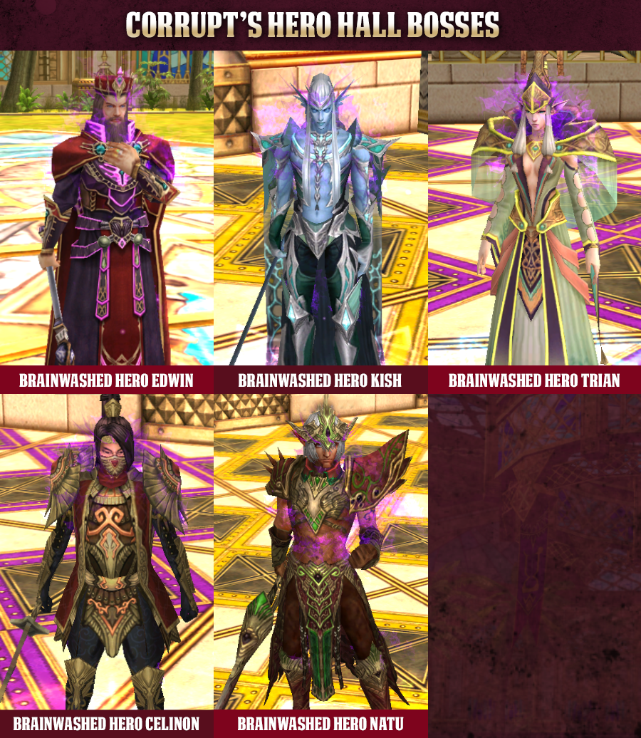 All five Corrupt Hero Hall bosses: Edwin, Kish, Trian, Celinon, Natu