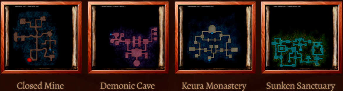 Four Mirror Dungeon maps: Closed Mine, Demonic Cave, Keura Monastery, Sunken Sanctuary