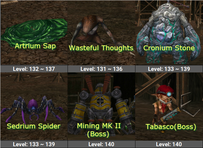 Closed Mine monsters: Atrium Sap, Wasteful Thoughts, Cronium Stone, Sedrium Spider, and bosses Mining Mk.II and Tabasco