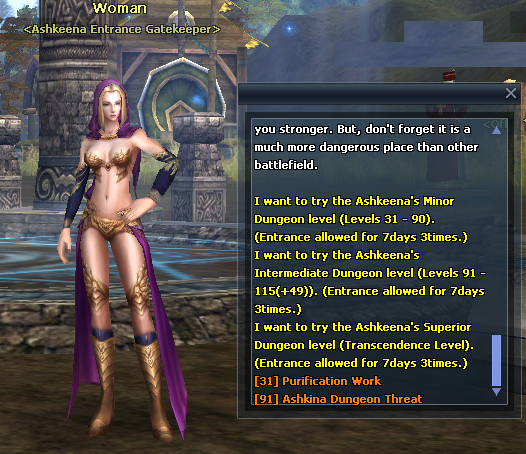 Ashkeena Entrance Gatekeeper dialogue showing dungeon tier choices