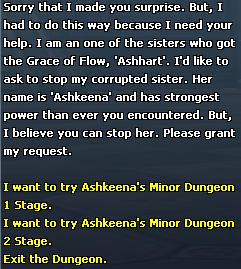 Ashhart dialogue showing Minor Dungeon Stage 1, Stage 2, and Exit options