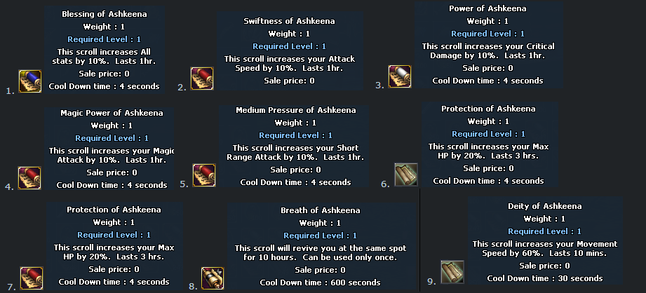 All 9 Ashkeena Scrolls with their names, stats, and cooldown times