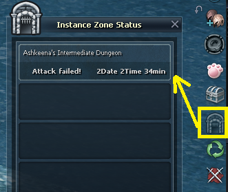 Instance Zone Status panel showing Ashkeena Intermediate Dungeon with attack failed status and time remaining