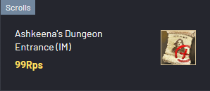 Ashkeena's Dungeon Entrance IM scroll showing 99 Rps price in item shop