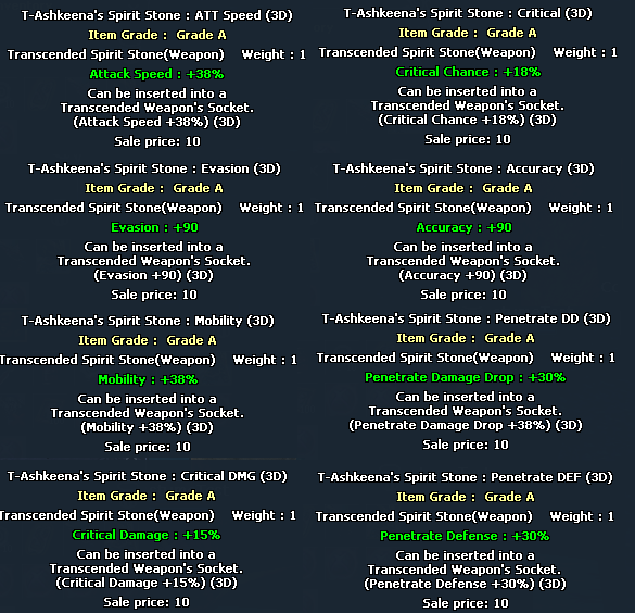 All 8 T-Ashkeena Spirit Stone variants showing stats and sale prices